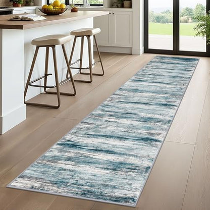 KOZYFLY Modern Abstract Kitchen Runner Rug, 2x10 Washable Rug Runner Non-Slip Soft Striped Hallway Runner Rugs, Light Blue Print Carpet Runner for Entryway Bathroom Laundry Room Foyer - color: Blue, size: 2' x 10' (Runner)
