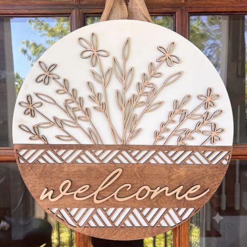 3D Wooden Welcome Sign for Front Door, Boho Rustic Round Door Hanger, Modern Farmhouse Wall Decor, Housewarming Gift for New Home, Porch & Fence Decoration for Spring, Summer, Fall and All Seasons - color: Brown & White