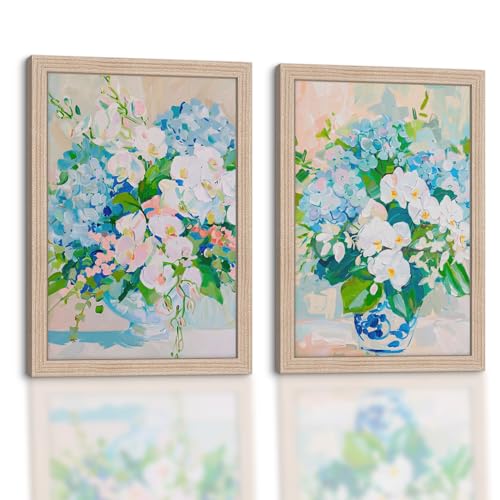 Framed Floral Canvas Wall Art 2 Pcs Blue Botanical Modern Decor 24X16 Inch | Flower Painting Prints Picture Poster with blue botanical style for bathroom bedroom livingroom diningroom Ready To Hang - color: Blue White Flower 023, size: 16L" x 24W"