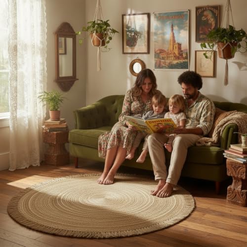 Hand Woven Jute Round Rug, Natural Reversible Boho Area Rug for Entryway, Kitchen, Living Room and Bedroom I Farmhouse Indoor Floor Rug - 4ft, Circular - size: 4' (Round)