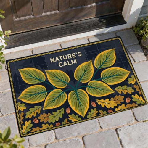 Leaves Welcome Door Mat, Nature Seasonal Acorns Oak Fall Green Skid Resistant Decorative Doormat for House Office Outside Inside Entrance Decor 29x17 Inch