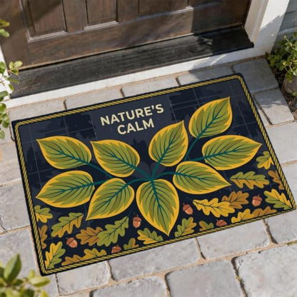 Leaves Welcome Door Mat, Nature Seasonal Acorns Oak Fall Green Skid Resistant Decorative Doormat for House Office Outside Inside Entrance Decor 29x17 Inch
