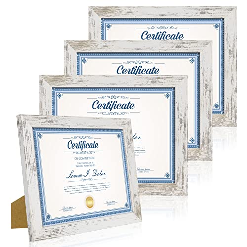 Hongkee 8.5 x 11 Picture Frame Set of 4, Made of Real Glass and Distressed White Certificate & Diploma Frame, 8.5 by 11 Photo for Wall or Tabletop - Display Picture 6x8 with Mat or 8.5x11 Without Mat - color: Distressed White, size: 8.5x11 in
