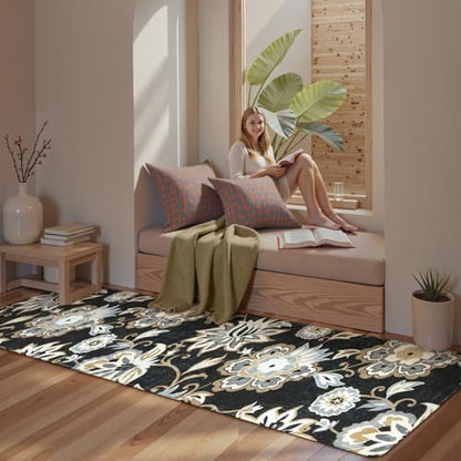 Lahome Floral Black Runner Rug - 2x8 Kitchen Runners Non Skid Washable 8 Ft Non-Slip Stain Resistant Long Runner Rugs for Hallway, Paisley Print Accent Ultra-Thin Runners for Bedroom Entryway Foyer | Non-Slip Stain Resistant Long Runner Rug for Hallway, P