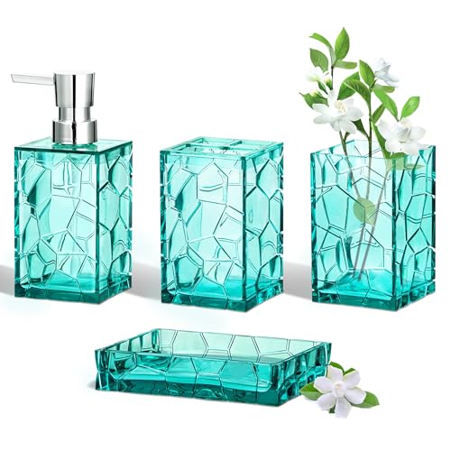 HBlife Bathroom Accessories Set, Acrylic Bathroom Counter Set of 4 | Boho acrylic bathroom decor, 4-pc: holder, soap, tumbler, dish, Easy-clean & rustproofd, Ideal housewarming gift - style: Teal Blue
