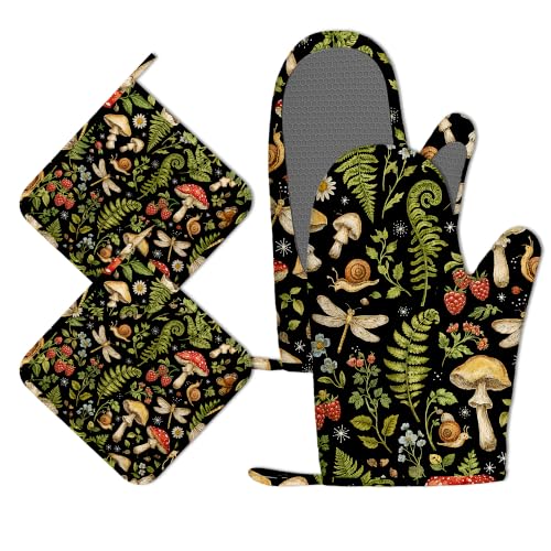 Mushroom Botanical Oven Mitts and Pot Holders Sets of 4 PCS, Vintage Woodland Oven Gloves Potholder for Kitchen Cooking Baking BBQ Heat Resistant - color: Mushroom Botanical