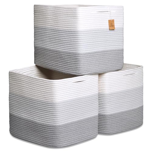 NaturalCozy 13x15x13 Kallax Storage Cubes Bins, 3 Pack | Cotton Rope Cube Storage Bin Woven Baskets for Organizing | Kallax Insert Storage Baskets for Shelves Organizer, Kids Toy, Closet Baby Nursery - color: 3-Tone Gray, size: 15 x 13 x 13 (Kallax)