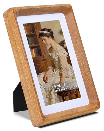 4x6 Picture Frame with Mat for 3x5, USA-Sourced Natural Teak Wood Handcrafted Rounded Corner with Real Glass, Vertical or Horizontal Display Photo Gallery Wall & Tabletop Frame - color: Teak, size: 4x6 Matted to 3x5