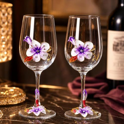 Comeon Flower Wine Glasses Hand Painted Wine Glasses Purple 2 Set (Purple) | Handmade Enamels Purple Floral Design, Gift Box, Long Stem Crystal Red Wine Glasses, Transparent Glass - color: Purple/ 2 set (gift box)
