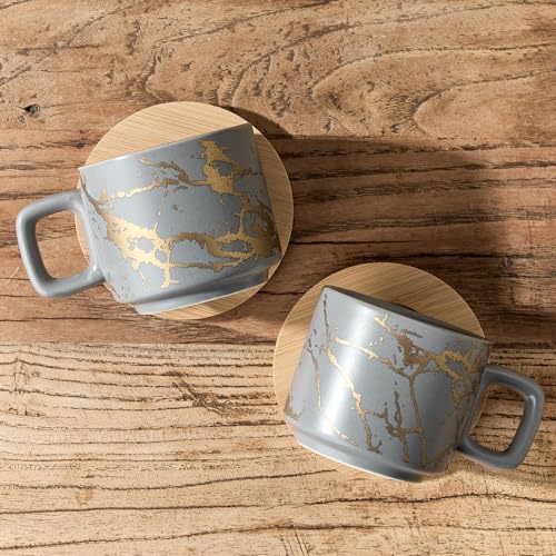 LUKA Porcelain Espresso Cup with Saucer and Metal Stand, 4 Ounce Stackable Ceramic Demitasse Espresso Mugs Cups Set for Latte, Specialty Coffee Drinks, Cafe Mocha,Tea - Set of 4, Gray - color: Gray
