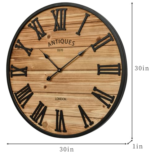 EMAX HOME 30 Inch Farmhouse Wall Clock - Large Rustic Wood, Silent Sweep, Battery Operated for Living Room Kitchen Office, Brown - size: 30 Inch