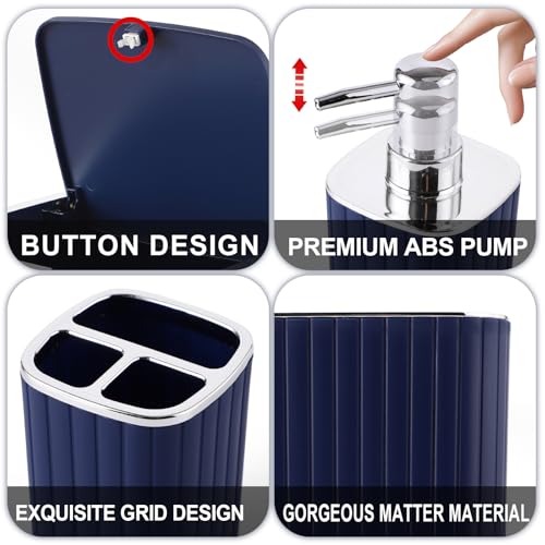 XLHOMO Navy Blue Bathroom Accessories Set - Gorgeous Bathroom Set, 10PC Bathroom Accessory Set, Toilet Brush, Trash Can, Qtip Holder & Soap Dispenser - size: Bath Set, style: Navy Blue&Silver