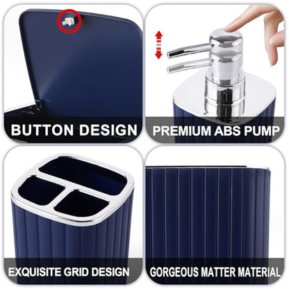 XLHOMO Navy Blue Bathroom Accessories Set - Gorgeous Bathroom Set, 10PC Bathroom Accessory Set, Toilet Brush, Trash Can, Qtip Holder & Soap Dispenser - size: Bath Set, style: Navy Blue&Silver