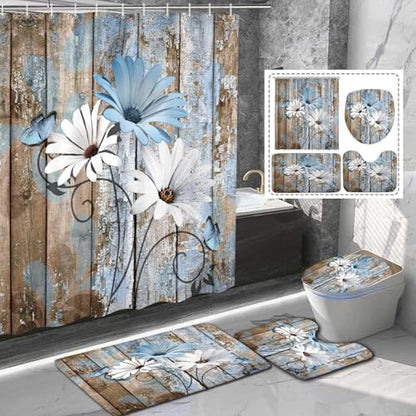 JAWO 4 Piece Blue Daisy Flower on Rustic Wooden Plank Country Style Shower Curtain Sets with Non-Slip Rugs, Toilet Lid Cover and Bath Mat, Shower Curtain with 12 Hooks - color: Blue-01, size: 5'10" x 5'10" (Rectangular)