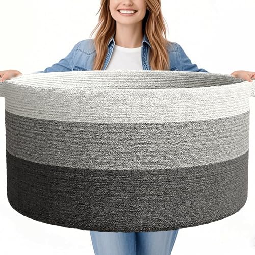 125L Extra Large Blanket Basket, 25" x 16" | Jumbo Laundry Woven Baskets Decorative Home, Cotton Rope Basket with Handles, Baby Toy Baskets for Storage, Gradual Gray - color: gradual gray, size: 1 Pack