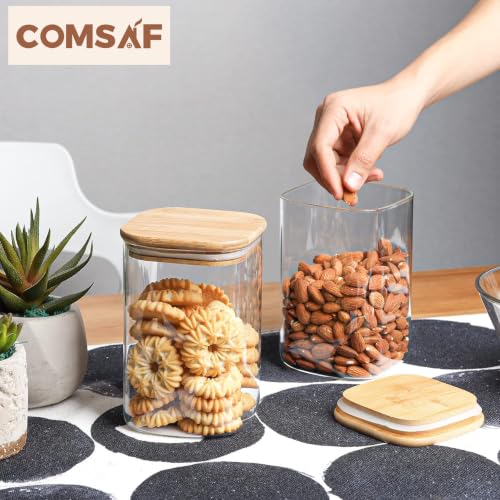ComSaf Square Glass Containers With Lids 1.2 Qt, Set of 4 Pantry Galss Jars | Kitchen Glass Pantry Storage Containers, Storage Canisters, Silicone Seal, Dry Food, Cookie, Flour, Spice, Coffee, BPA Free - size: 1.2Qt*4