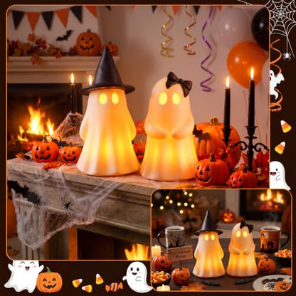 Fumete 2 Pcs Halloween Decorations - Spooky Resin Ghost Light up Cute Ghost Couple with Witch Hat and Black Bow, Halloween Indoor Figurines for Mantel, Shelf & Tabletop Home Party Decor - style: Couple Ghosts