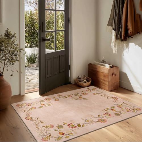 2x3 Washable Small Rugs for Entryway: Door Mat Indoor Entrance Stain Resistant Non Slip Rubber Backed Low Pile Soft Throw Area Rugs for Bedroom Kitchen Front Door Indoor Entrance Foyer Entry - color: Edge Floral Pink, size: 2' x 3' (Rectangular)