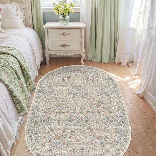 Washable Oval 3x5 Bedside Rugs for Bedroom, Large Kitchen, Indoor Entryway Rug - Ultra Soft Vintage Floral Beige Blue Decor Non-Slip Low Pile Stain Resistant (3x5 Beige Blue) - color: Beige Blue, size: 3' x 5' (Oval)