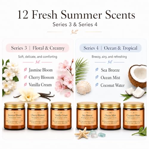 12 Pack Summer Scented Candles, 3.5 oz Amber Glass Jar Soy Candle Set | 8% Essential Oil Blend, Gifts for Women Birthday Housewarming - color: Spring and Summer Candle