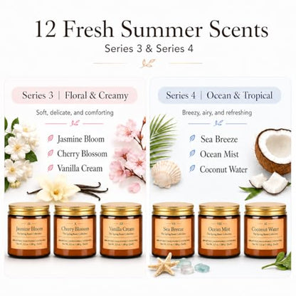 12 Pack Summer Scented Candles, 3.5 oz Amber Glass Jar Soy Candle Set | 8% Essential Oil Blend, Gifts for Women Birthday Housewarming - color: Spring and Summer Candle