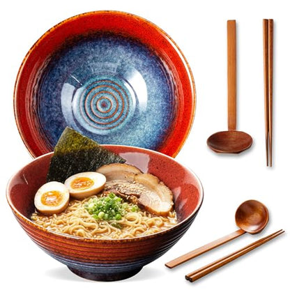 8 Inch Ceramic Ramen Bowl Set of 2, 40oz Japanese Bowls with Spoons & Chopsticks,Durable,Microwave & Dishwasher Safe,Perfect for Ramen,Pho,Salad,Soup,Noodles，Mixing bowls (Aurora Galaxy) - color: Aurora Galaxy