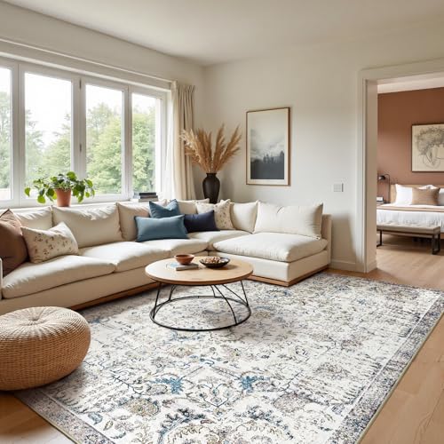 jinchan Distressed Vintage Medallion Area Rug, 8x10 Blue, Washable Non Slip | Distressed Finish, Low Profile, Soft Comfort, Easy Care, Pet Friendly, Living Room Bedroom Dining Room Open Living Spaces - color: Vintage Blue Multi, size: 8' x 10' (Rectangula