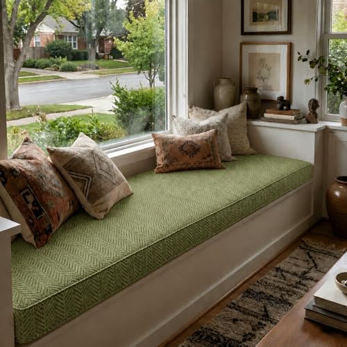 Custom Size Bench Cushion for Indoor/Outdoor Furniture, Window Seat & Bay Window Cushion, Thick 75D High-Density Foam, Scratch-Resistant Fabric, Secure Non-Slip Bottom, Green - color: Herringbone Weave-green
