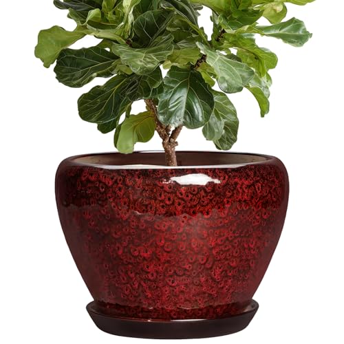 Ceramic Plant Pots - 10 Inch Planters for Plants Indoor Outdoor, Round Plant Pots with Drainage Hole and Saucer, Decorative Indoor Planter, Office Decor, Gifts for Plant Lovers, Red Leopard - color: Red Leopard, size: 10 Inch