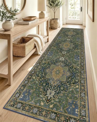 OLANLY 2'6"x12' Washable Runner Rug, Non Slip Carpet for Hallway Kitchen | Dark Green Boho Vintage Floral Medallion Farmhouse Rug Spill & Stain Resistant Low Pile for Entryway Laundry Mudroom Corridor - color: Dark Green, size: 2'6" x 12' (Runner)