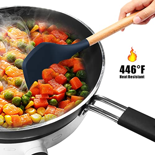 oannao Silicone Cooking Utensils Set - 446°F Heat Resistant Silicone Kitchen Utensils for Cooking,Kitchen Utensil Spatula Set w Wooden Handles, BPA FREE Gadgets for Non-Stick Cookware (Navy Blue) - color: Navy Blue