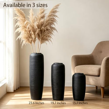 Black Rustic Ceramic Floor Vase, 15.7 Inch, Ribbed Texture | Living Room, Entryway, Fireplace, Pampas Grass, Dried Branches - size: 15.7 Inch