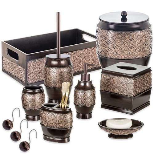 Creative Scents Dublin Brown 6 Piece Resin Bathroom Accessories Set | Includes Toilet Brush and Holder, Tissue Box Cover, Soap Dispenser, Toothbrush Holder, Tumbler Cup & Soap Dish - style: 6 Piece Set