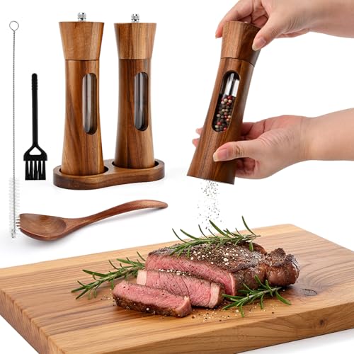 2Pack Wooden Salt and Pepper Grinder Set, 8-Inch Refillable Manual Salt and Pepper Mills with Clear View Window, Wood Shakers with Ceramic Grinder & Wooden Stand, Adjustable Coarseness