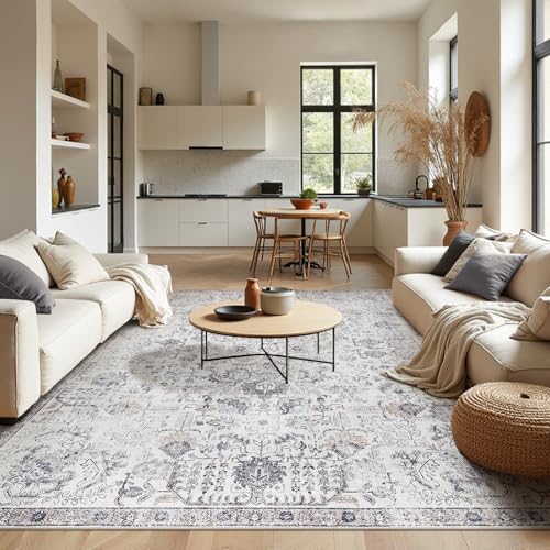 jinchan 9x12 Vintage Floral Area Rug, Large Washable Living Room Rug, Grey | Distressed Floral Design, Soft Low Pile Surface, Non Slip, Easy Care, Pet Friendly, Living Room Bedroom Dining Room - color: Distressed Grey Multi, size: 9' x 12' (Rectangular)