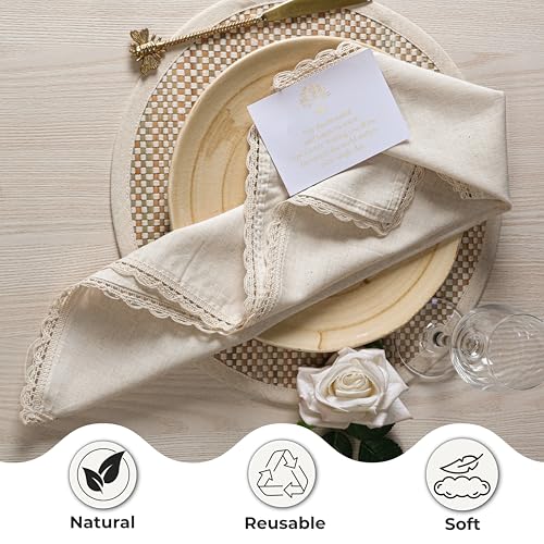 Ramanta Home Linen Cloth Napkins Set of 4, 20x20 Inches, Natural | Flax Lace Cotton Linen Reusable Decorative Scalloped Oversized Dinner Napkins with Mitered Corners for Weddings, Everyday Use