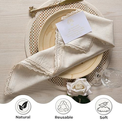Ramanta Home Linen Cloth Napkins Set of 4, 20x20 Inches, Natural | Flax Lace Cotton Linen Reusable Decorative Scalloped Oversized Dinner Napkins with Mitered Corners for Weddings, Everyday Use