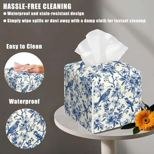 Bird on Blooming Branches Tissue Box Cover Square, Blue Flower Tissue Box Holder with Bottom Belt Leather Facial Paper Organizer Dispenser for Bathroom Bedroom Dresser Night Stand Tabletop - color: Bird on Blooming Branches