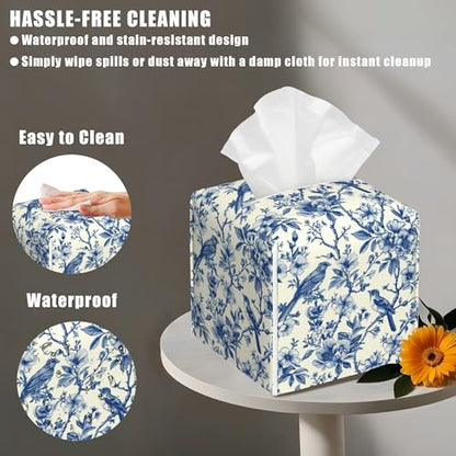 Bird on Blooming Branches Tissue Box Cover Square, Blue Flower Tissue Box Holder with Bottom Belt Leather Facial Paper Organizer Dispenser for Bathroom Bedroom Dresser Night Stand Tabletop - color: Bird on Blooming Branches