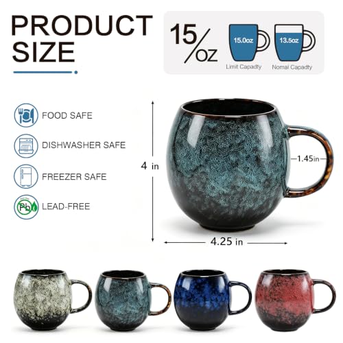 15 oz Ceramic Coffee Mugs Set 4, Tea Cups with Handle, 4 Colors | Colorful reactive glaze drinkware for tea, latte, cappuccino, espresso and matcha, microwave safe for kitchen and gifting.