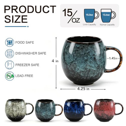 15 oz Ceramic Coffee Mugs Set 4, Tea Cups with Handle, 4 Colors | Colorful reactive glaze drinkware for tea, latte, cappuccino, espresso and matcha, microwave safe for kitchen and gifting.