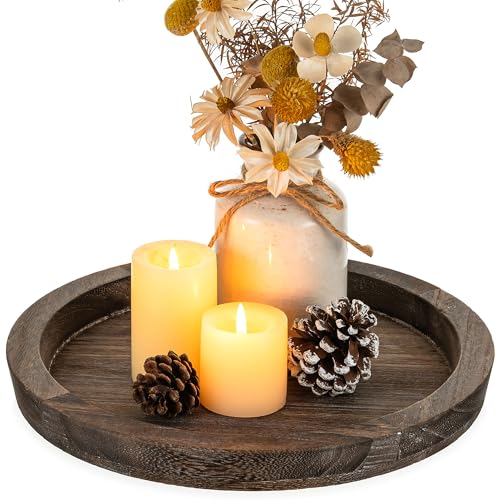 Hanobe Wooden Tray for Coffee Table, Decorative Round Candle Holder Plate | 11.2" Vintage Dining Table Centerpiece, Rustic Farmhouse Home Decor Serving Tray, Brown - color: Distressed