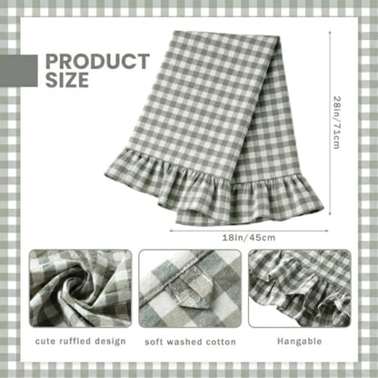 HunnmingRe Sage Green Kitchen Towels Set of 2, 100% Cotton Ruffled Gingham Dish Towels 18"x28" Tea Cloths Classic Plaid Pattern for Farmhouse Charm, Drying Dishes, Entertaining Guests - color: Sage Green, style: Gingham