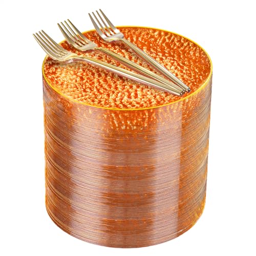 Rubtlamp 200Pcs Orange Plastic Dessert Plates, 6inch Small Plates with Gold Rim,Orange Hammered Appetizer Plates with 100 Pcs Gold Forks, Fancy Salad Platos for Party Wedding Birthday Teatime - color: Orange gold