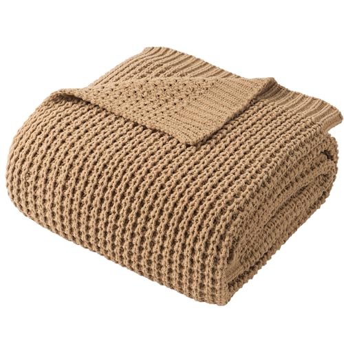 Beige Throw Blanket for Couch, Tan Waffle Knitted Throw Blankets 50"x60" | Farmhouse Throw Blanket for Home Decor, Neutral Knitted Beige Blanket, Decorative Soft Chunky Chenille Throw for Bed Sofa - color: Beige, size: 50"x60"