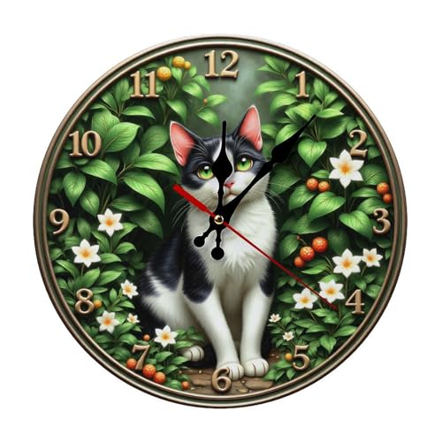 Wall Clock， Garden Cat Non Ticking Wall Clocks Battery Operated， Black and White Wooden Wall Clocks for Kitchen， Living Room， Bedroom， Office， Bathroom Decorative 25 * 25cm - color: Style