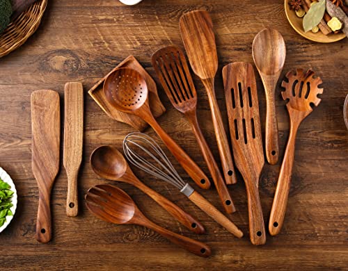 Kitchen Utensils Set, NAYAHOSE 12 Pcs Teak Wooden Cooking Spoons Spatula Spurtles Kit with Spoon Rest Whisk, Non-stick Natural Kitchen Tools - style: 12Pcs Set