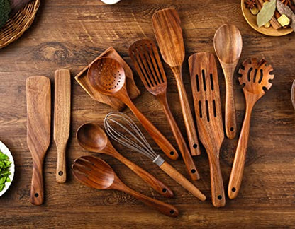 Kitchen Utensils Set, NAYAHOSE 12 Pcs Teak Wooden Cooking Spoons Spatula Spurtles Kit with Spoon Rest Whisk, Non-stick Natural Kitchen Tools - style: 12Pcs Set