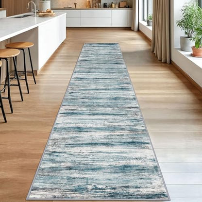 KOZYFLY Modern Abstract Hallway Runner Rug,2.6x14 Washable Rug Runner Non-Slip Soft Striped Kitchen Runner Rugs, Print Blue Carpet Runner for Entryway Bathroom Laundry Room Foyer - color: Blue, size: 2'8" x 14' (Runner)