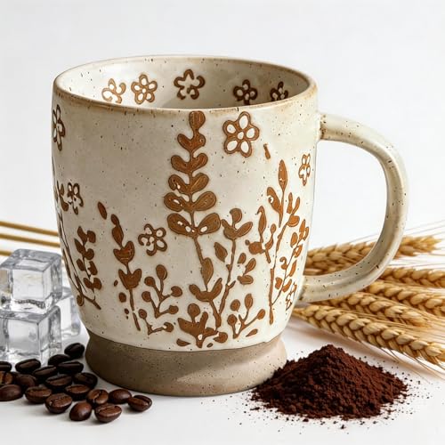 18oz Coffee Mug Gift for Women Mom Her - Rustic Handmade Coffee Cup | Microwave & dishwasher safe. Mug for latte, cocoa, tea, milk, milkshake. Home office essential. Great gift for mom or her - color: Orange flower